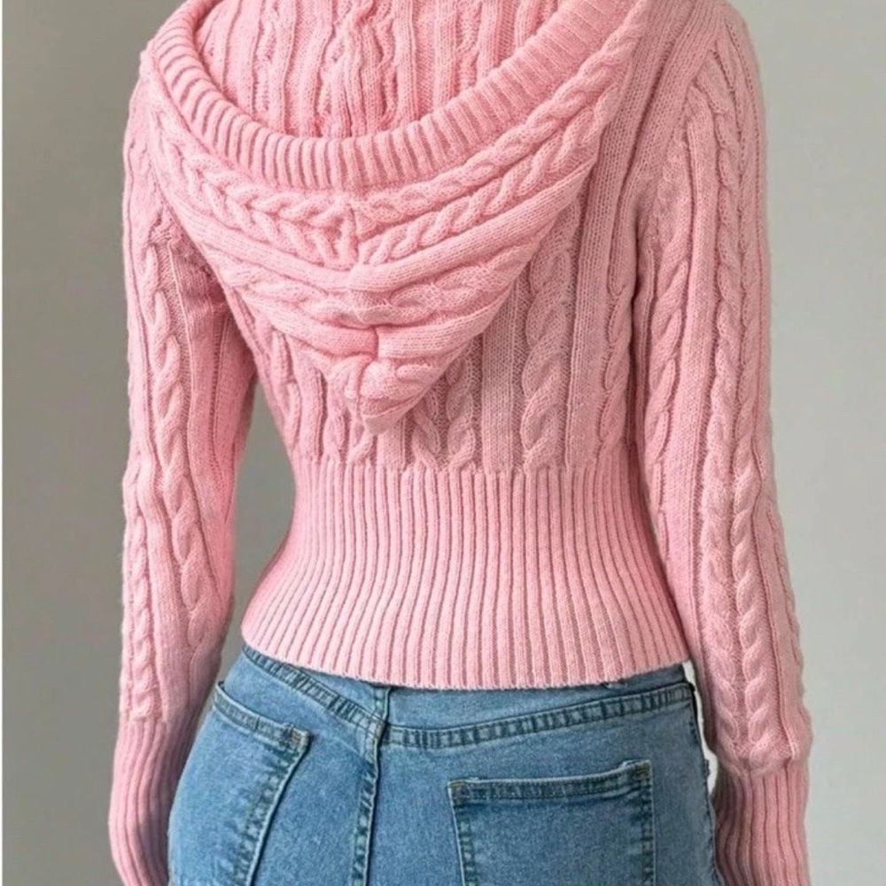 Pink Cable Knit Cropped Zip Hoodie Cardigan Small - Picture 6 of 14